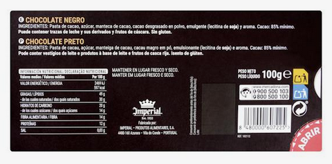 Chocolate 85 Mercadona - reverso con ingredientes e información nutricional (valor nutricional)